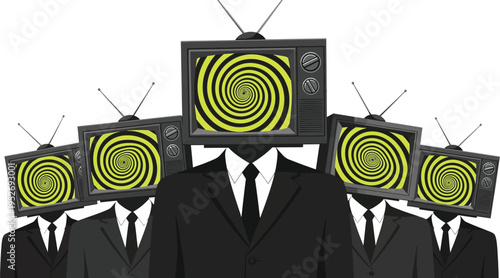 Men in suits with television heads and spiral screens