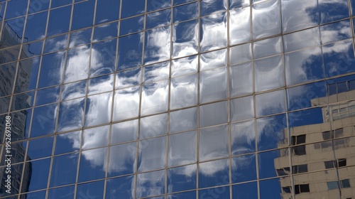 Close-up of modern glass facade reflecting distorted sky and city buildings, showing architectural details, urban design, abstract patterns, reflective surfaces, and sleek metropolitan structure