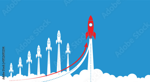 Competitive business startup and leadership concept features a fast red rocket outperforming a fleet of white rockets.