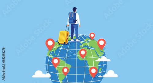 Traveler with suitcase standing on globe
