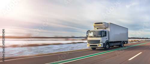 Refrigerated cargo truck transporting goods on winter highway. Refrigerated truck logistics.