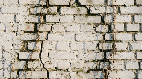 Cracked White Brick Wall with Signs of Ageing and Nature's Touch of Vegetation