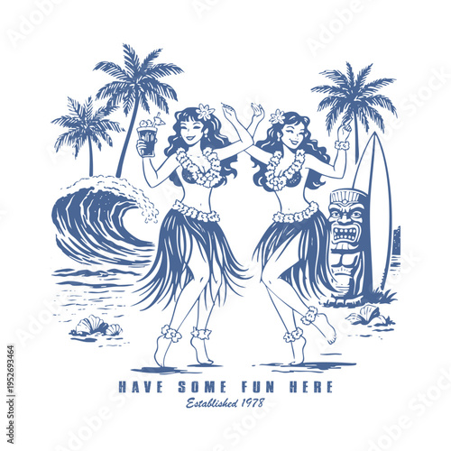 Hawaiian Hula Dancers Blue Line Art Beach Vector Illustration