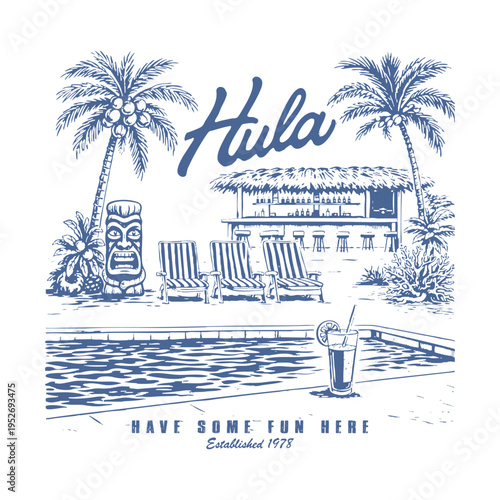 Hand Drawn Tropical Tiki Bar and Swimming Pool Illustration