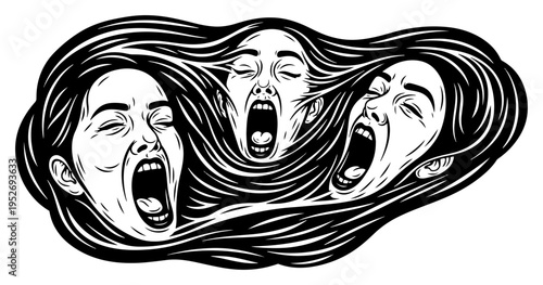 Screaming female faces merged with long wavy hair representing agony and mental health in linocut engraving style