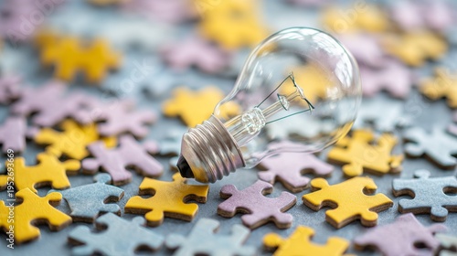 A clear lightbulb rests on puzzle pieces, representing a bright idea among fragments of thought. Focus is sharp on the bulb
