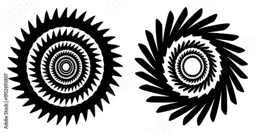 Circular saw blade gear shapes with sharp teeth in abstract graphic style