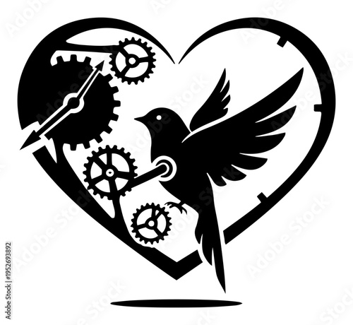 Bird and clockwork gears inside heart shape in linocut style