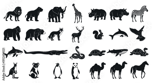 A comprehensive collection of black silhouette animal icons, featuring a wide variety of wildlife from different habitats.