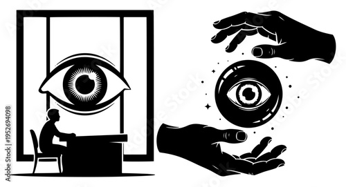 Surveillance concept showing giant eye watching worker and hands holding mystical crystal ball in graphic style