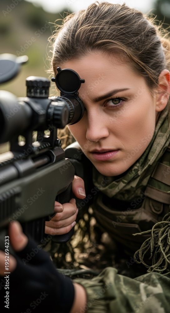 Fototapeta premium Sniper woman in military camouflage aiming with rifle. Caucasian female soldier observing target through telescopic sight scope. War conflict, combat training and national defense concept.