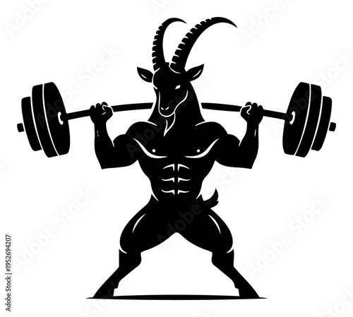 Muscular goat humanoid lifting heavy barbell for fitness and strength concept in graphic style