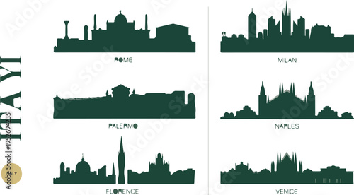 Vector illustration kit of Italian city skylines including Rome, Milan, Naples, Palermo, Florence, Venice with abstract geometric pattern, urban panorama