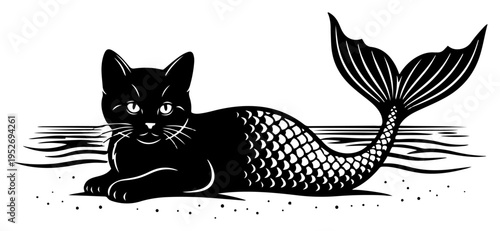 Cat mermaid lying on sandy beach by the sea in linocut style