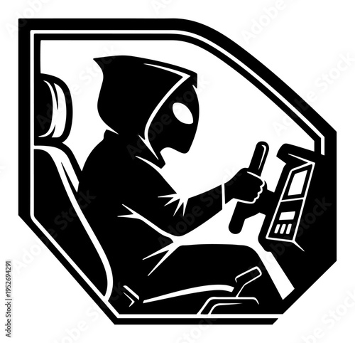 Alien pilot driving futuristic spaceship cockpit in linocut style