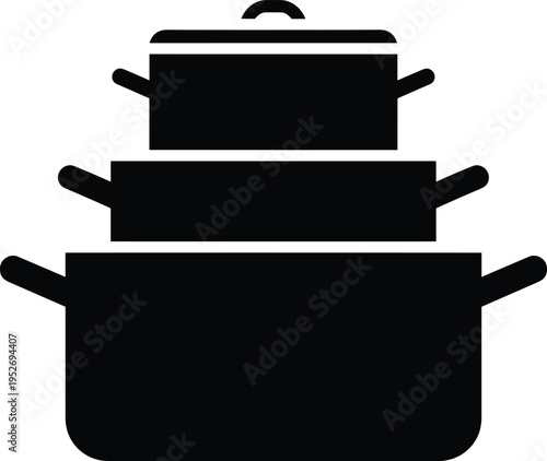 Black Minimalist Silhouette Icon of Stacked Kitchen Cooking Pots and Pans Set for Home Culinary Organization, Restaurant Equipment, and Gastronomy Design Elements