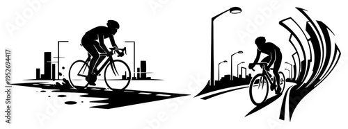 Cyclist riding bicycle through urban city landscape and dynamic curves in linocut style