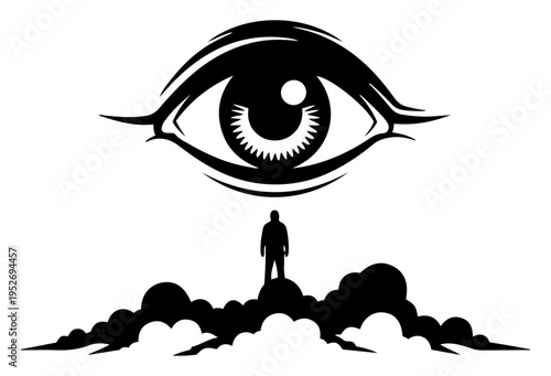 Giant eye watching human silhouette standing above clouds in linocut style