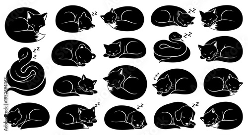 A collection of black silhouettes depicting various animals, primarily cats and foxes, curled up and sleeping peacefully in different positions.