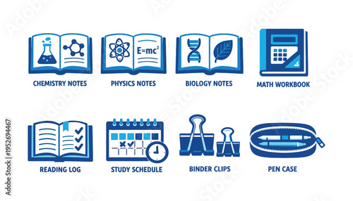 School supplies and stationery icons for education and learning materials
