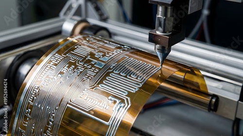 Advanced industrial machine precisely prints intricate metallic circuit patterns onto a flexible substrate, showcasing cutting-edge manufacturing technology.