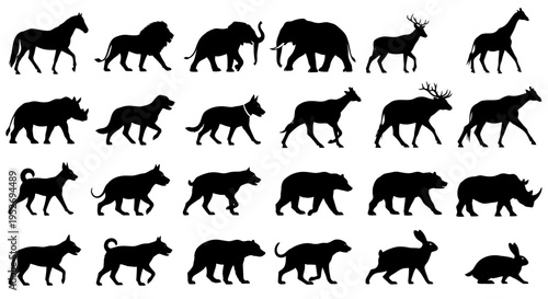 A diverse collection of animal silhouettes, featuring various wild and domestic creatures like horses, lions, elephants, deer, rhinos, bears, and rabbits.