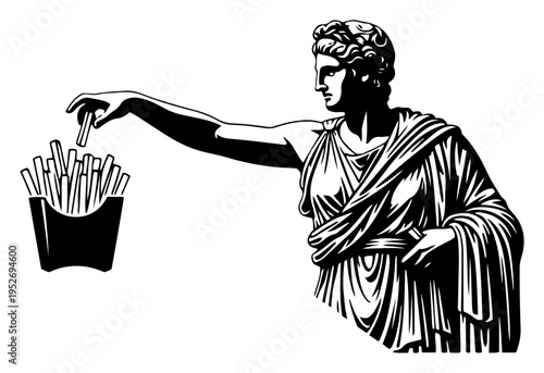Ancient greek statue reaching for french fries in humorous pop art graphic style