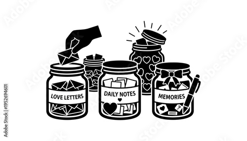 A heartwarming illustration of jars filled with love letters and memories
