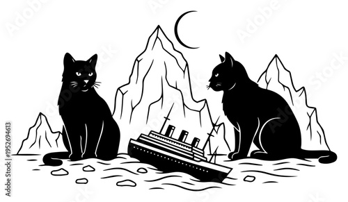 Giant black cats watching sinking titanic ship in ocean under crescent moon surreal landscape