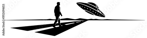 Man walking on road toward flying saucer in linocut style
