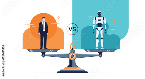 Comparison between human intelligence and artificial intelligence with a scale balancing a businessman and a white futuristic robot.