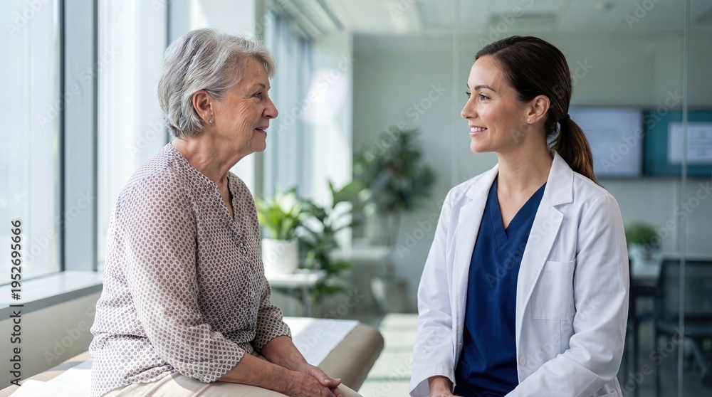 Fototapeta premium Smiling Female Doctor Talking to Senior Patient in Bright Medical Office