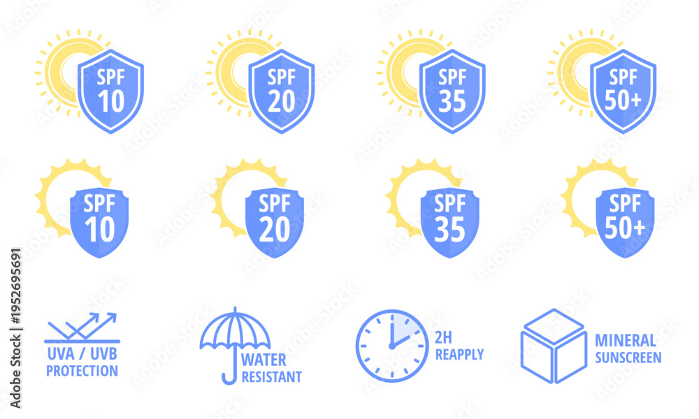 Fototapeta premium Sunscreen spf protection level icons set with shields and sun symbols showing uva uvb water resistant mineral sunscreen reapply time indicators flat vector illustration