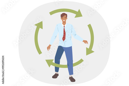 Businessman, rehabilitated after bankruptcy, steps through circle of green arrows. Successful male office employee rehabilitated and reborn after being fired and emptying bank accounts