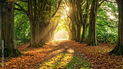 A serene forest path illuminated by gentle sunlight in autumn.