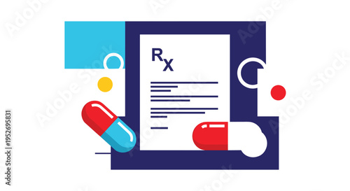 Medical prescription and pharmacy concept showing a paper with rx symbol, several red and blue capsules, and abstract shapes.