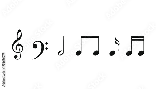 Musical notes and clefs are displayed on a white background.