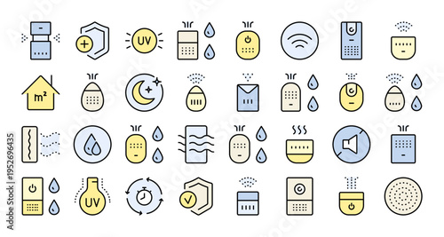 Air Purifier and Humidifier Icon Set: Color Flat Editable Vectors for Web Design Templates, Technical Infographics, and Appliance Branding