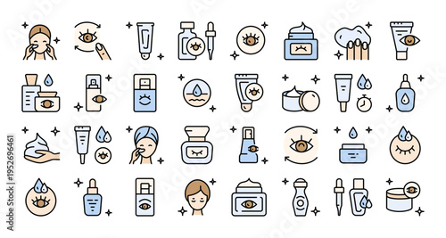 Under Eye Cream and Eye Care Icon Set: Color Flat Editable Vectors for Cosmetic Packaging, Beauty Apps, and Cosmetology Training