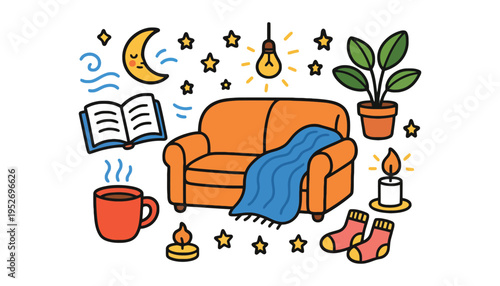 Cozy living room scene with a couch, book, and warm drinks.