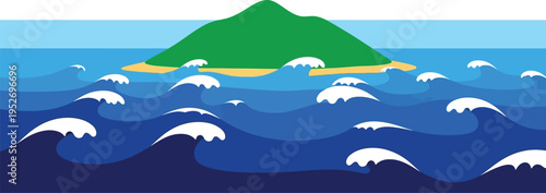 Green island in blue ocean with waves in cartoon style for travel brochure