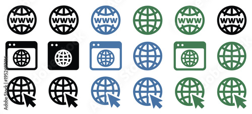 website browser window and www globe icon vector set, internet globe symbol for webpage and browser design, global network web icon for digital projects, vector illustration pack.