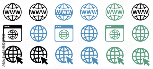 website browser window and www globe icon vector set, internet globe symbol for webpage and browser design, global network web icon for digital projects, vector illustration pack.