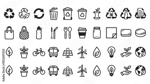 Zero Waste and Eco-Friendly Lifestyle Icon Collection - Sustainable Living and Recycling Symbols