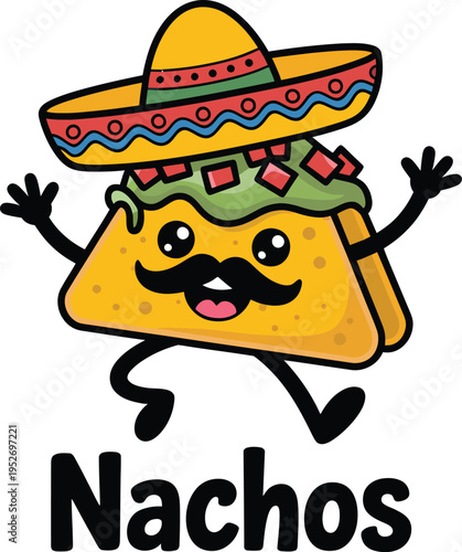 Cute cartoon taco character with mustache and sombrero hat jumping with text nachos