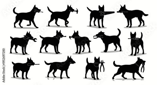 Collection of various dog silhouettes walking.