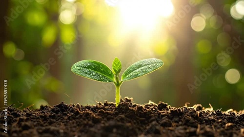 A young plant sprouting in rich soil, illuminated by warm sunlight.