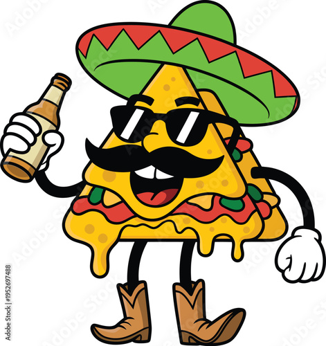 Cartoon nacho chip character wearing a sombrero and sunglasses holding a beer bottle