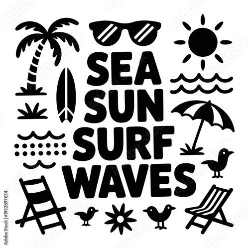 Sea icon silhouette with sun surf waves and beach elements illustration