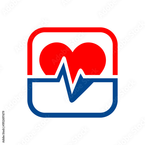 A graphic icon featuring a red heart with a blue electrocardiogram pulse line, enclosed within a rounded square frame split into red and blue sections, symbolizing health and medical care.